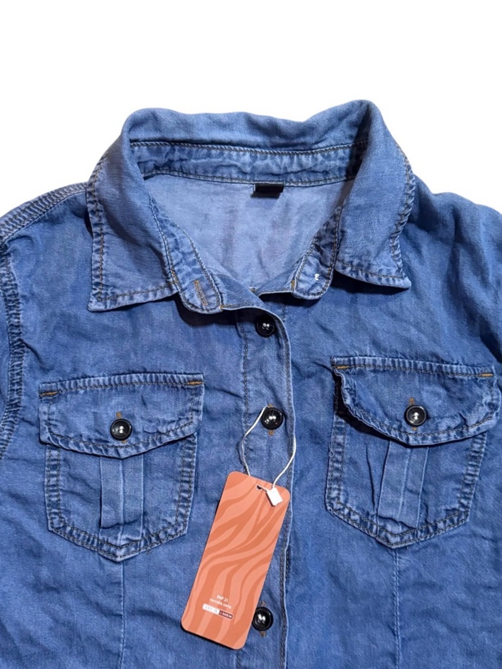 SHEIN Blue Short-Sleeve Denim Button-Down Shirt - Picture 2 of 6